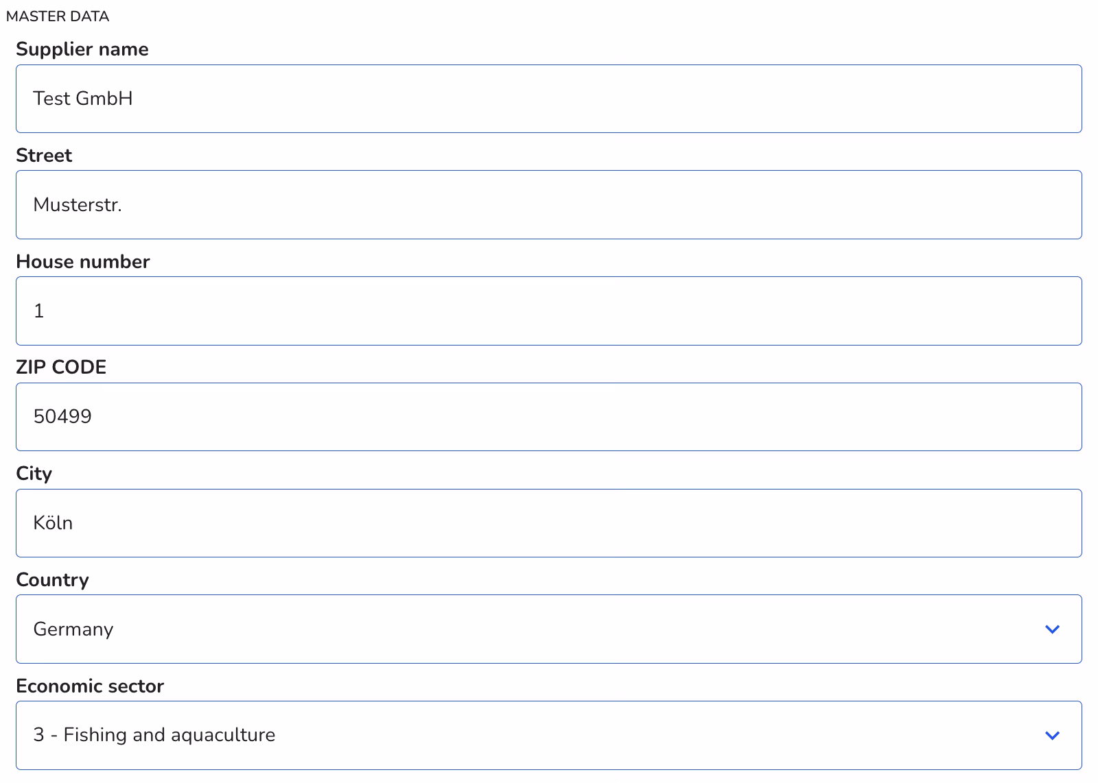 Master data entry of suppliers